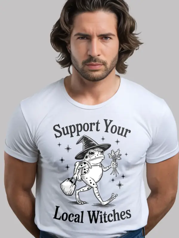 white front view – support your local witches shirt frog holding herbs