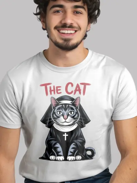 white shirt front view – the cat nun parody – gothic cat nun shirt