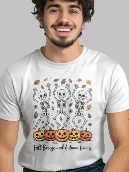 Whimsical Dancing Skeleton Fall Shirt – Cozy Autumn Leaves Tee - Image 12