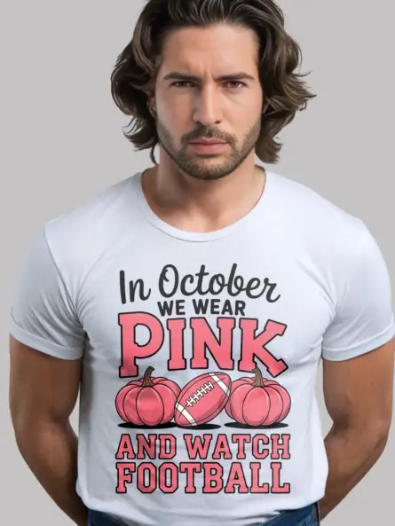 white front view – in october we wear pink shirt with pumpkins and football design