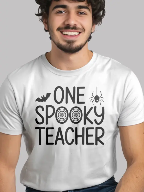 white shirt front view – one spooky teacher quote – one spooky teacher shirt