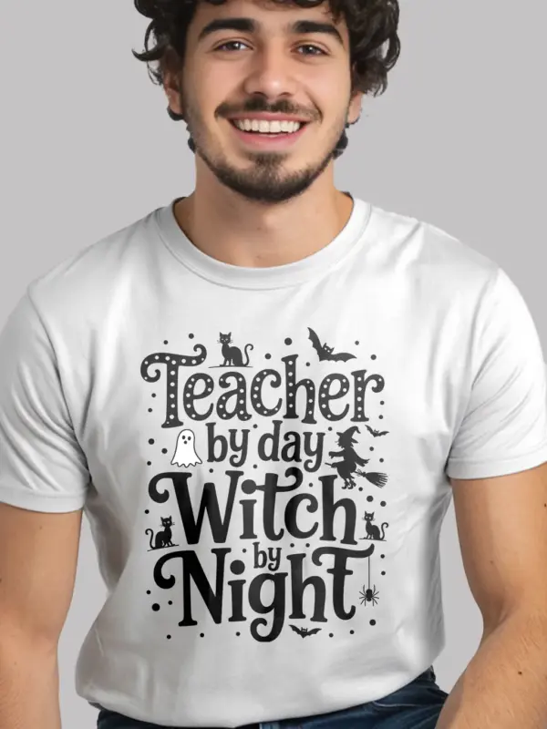 white front view – teacher by day witch by night shirt ghost cat witch design