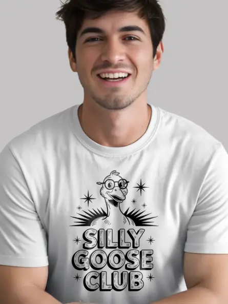 white silly goose club shirt front view cartoon goose illustration