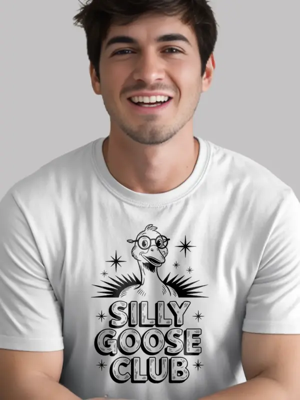 white silly goose club shirt front view cartoon goose illustration