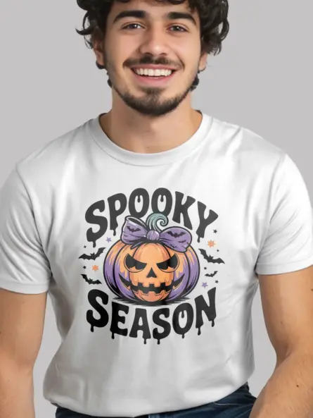 white Spooky Season Pumpkin T-Shirt with Bow – Cute Halloween Tee for Girls & Moms