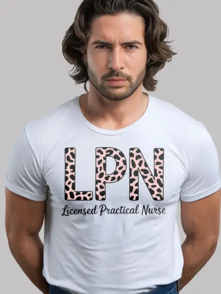 white leopard print lpn shirt front view