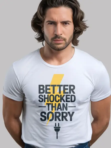 White Better Shocked Than Sorry Shirt Front – electrician safety t-shirt, lightning bolt design