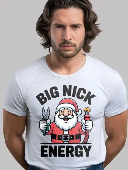 White Big Nick Energy Shirt Front – funny electrician Christmas t-shirt, Santa with tools