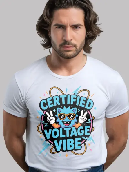 White Certified Voltage Vibe Shirt – cartoon electrician t-shirt with voltage design