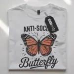 white Front view of black anti social butterfly shirt with vintage graphic