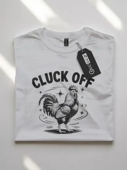 white front view of funny cluck off chicken shirt