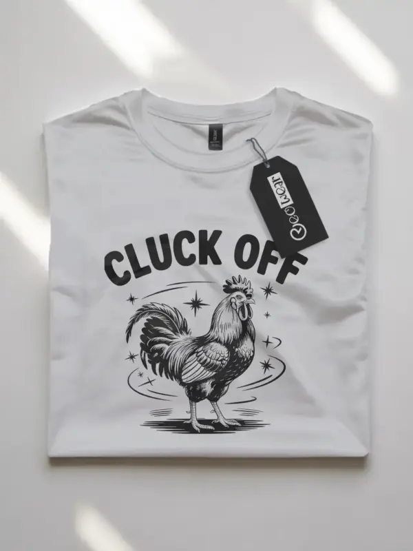 white front view of funny cluck off chicken shirt