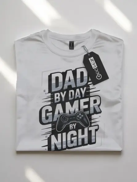 white front dad life gaming shirt with bold text