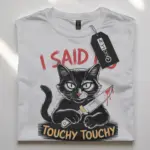 white front view no touchy touchy cat shirt funny black cat with knife