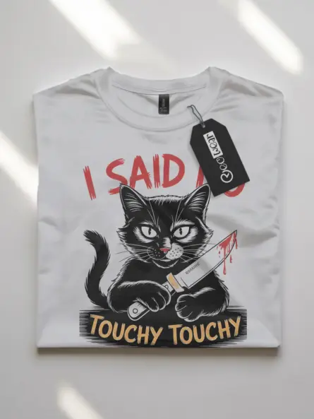 white front view no touchy touchy cat shirt funny black cat with knife