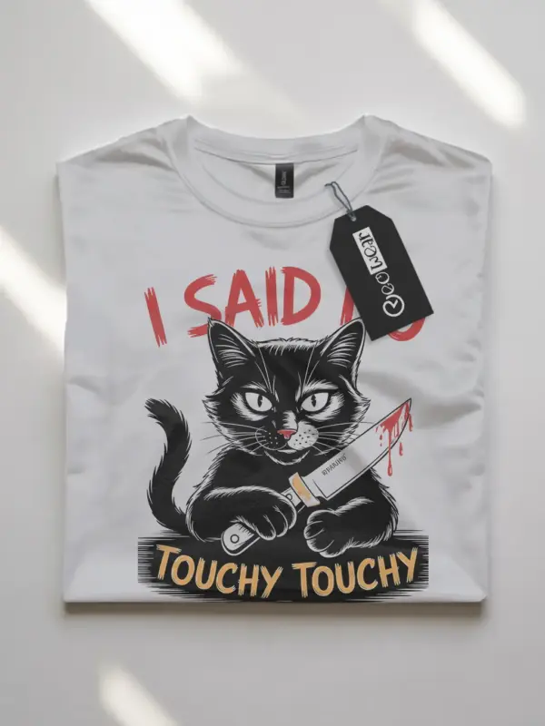 white front view no touchy touchy cat shirt funny black cat with knife
