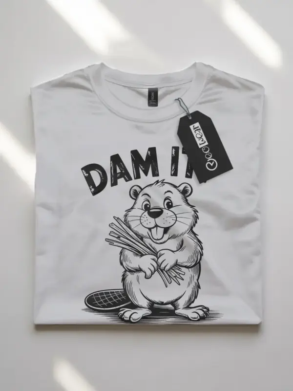 Lifestyle image wearing white dam it beaver t-shirt for pun lovers