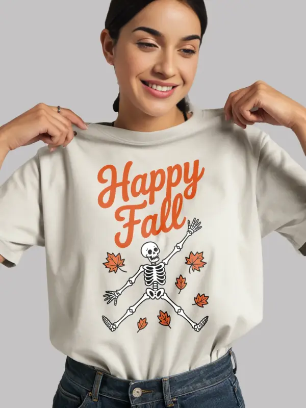 Front View :white Happy Fall Shirt – Happy Fall Skeleton T-Shirt