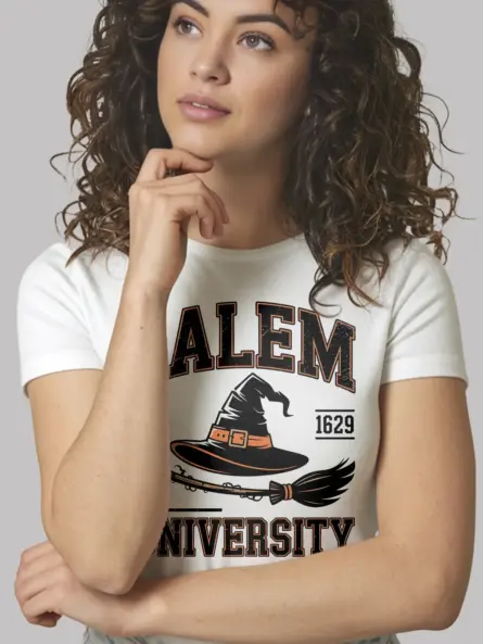 white shirt front view – salem university witch shirt with witch hat and broom graphic