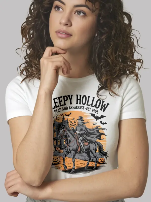 white shirt front view – sleepy hollow dead and breakfast shirt with headless horseman design