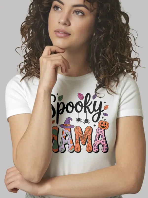 white shirt front view – spooky mama Halloween shirt with colorful design