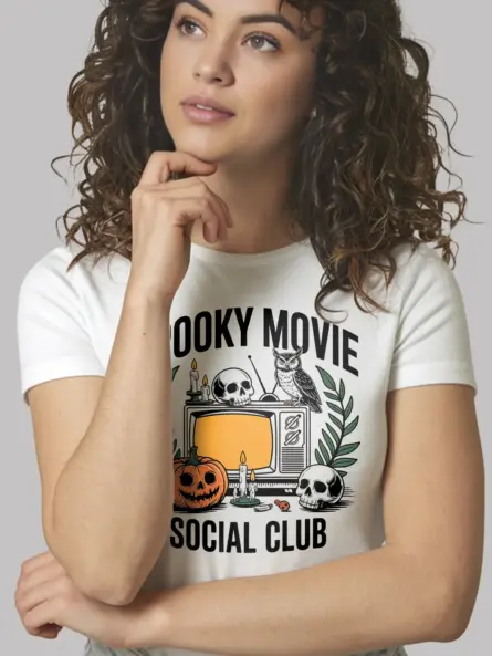 white spooky movie social club t-shirt – Halloween social group clothing