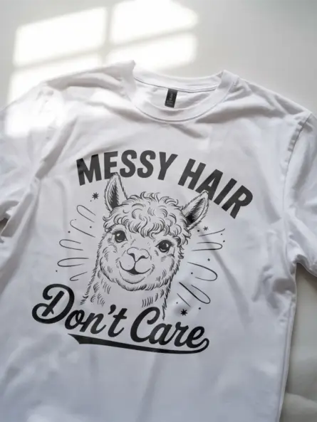 Street style shot white messy hair dont care alpaca t-shirt