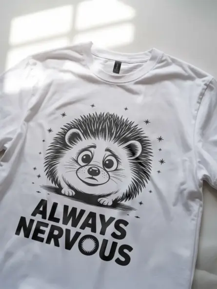 white Lifestyle shot with royal blue tee, always nervous hedgehog t-shirt