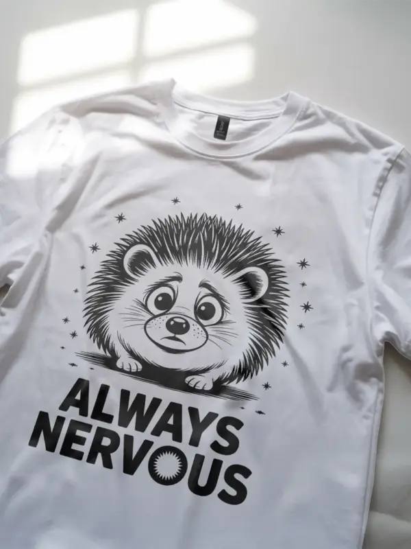 white Lifestyle shot with royal blue tee, always nervous hedgehog t-shirt