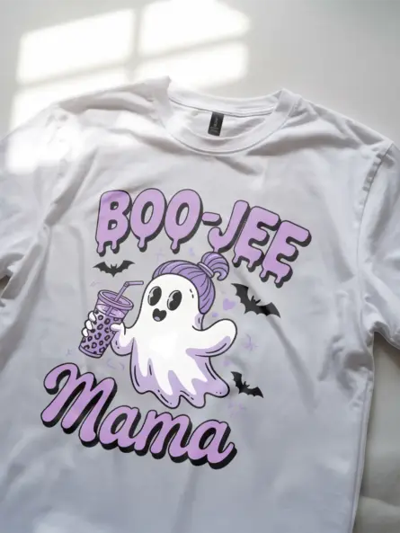 White close-up – iced coffee ghost print Boo-Jee Mama t-shirt white color
