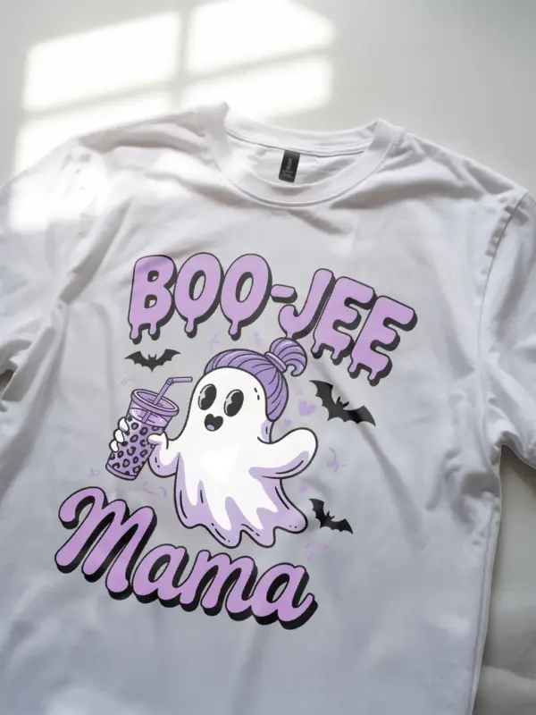 White close-up – iced coffee ghost print Boo-Jee Mama t-shirt white color