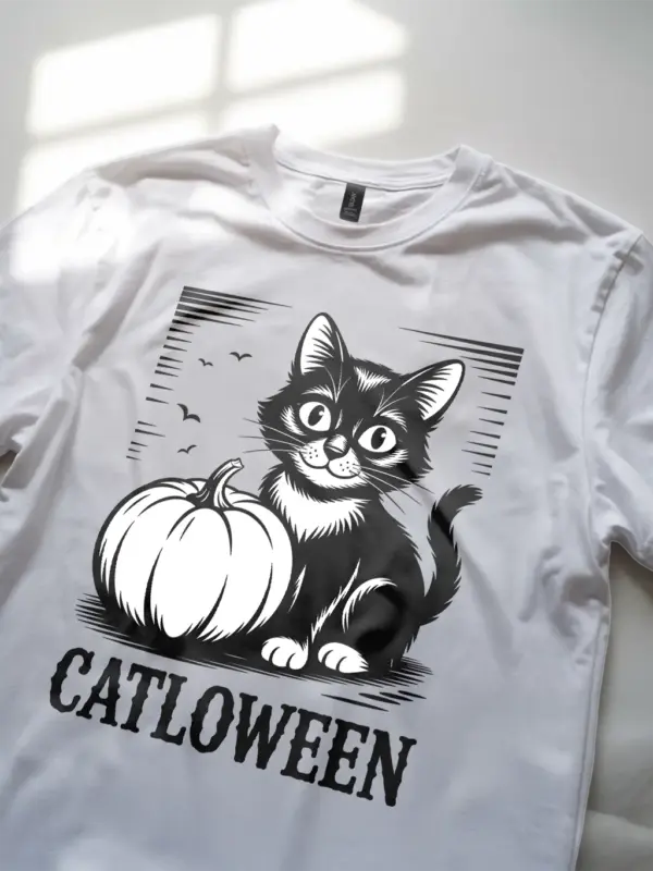 White lifestyle – spooky woodcut art tee vintage cat Halloween shirt white