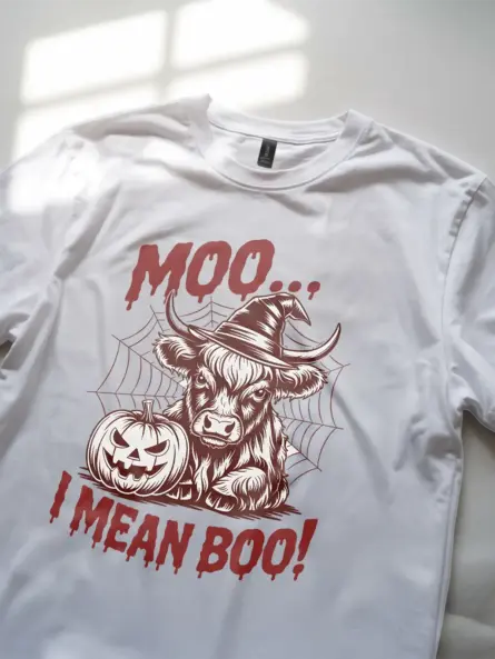 White lifestyle – rustic spooky Highland cow Halloween shirt white
