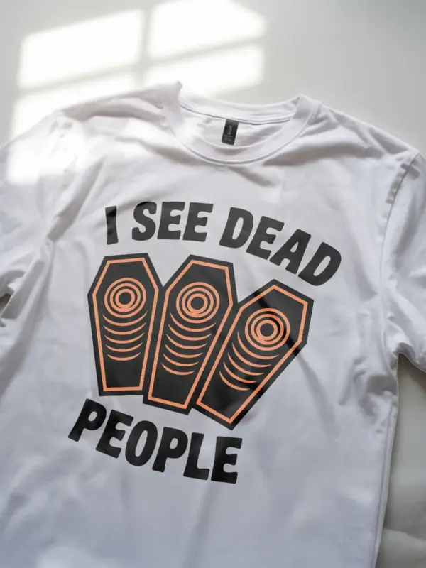 white I See Dead People Coffin Halloween T-Shirt – halloween humor shirt