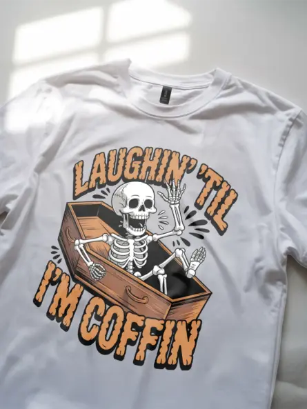 white lifestyle photo in resting in pieces skeleton tee for goth lovers