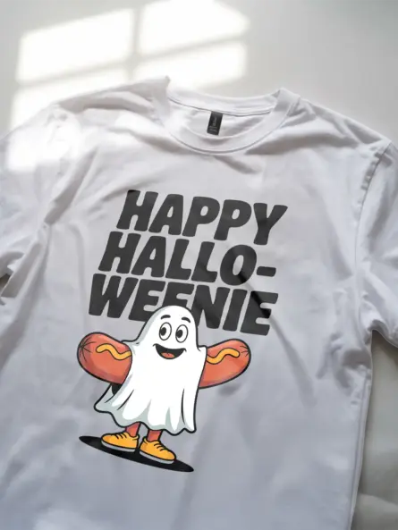 Playful Happy Halloweenie T-Shirt – Hot Dog Ghost Fun - Image 11