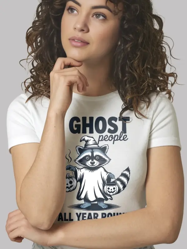 White front view – I Ghost People All Year Round raccoon ghost t-shirt white