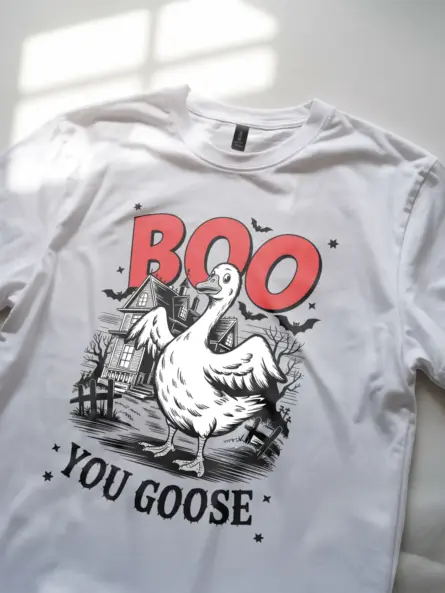 White close-up – Victorian house detail spooky goose Halloween shirt white