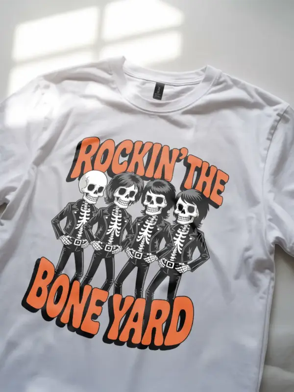 white Shirt Lifestyle Shot – Rockin the Bone Yard Vintage Skeleton Rock Band T-Shirt