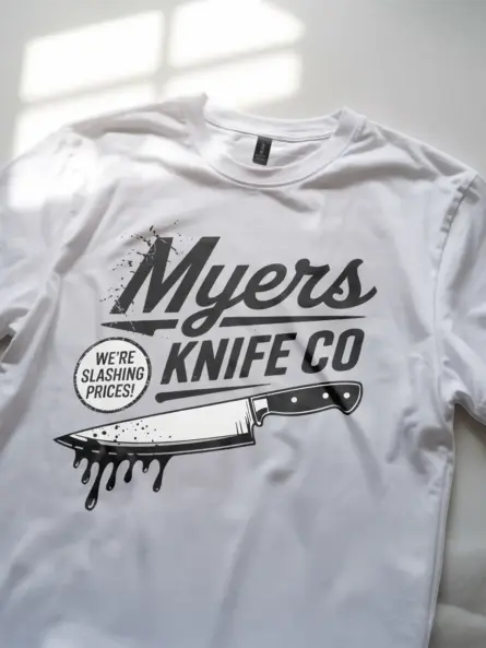 white Shirt Lifestyle Shot – Vintage Slasher Knife T-Shirt