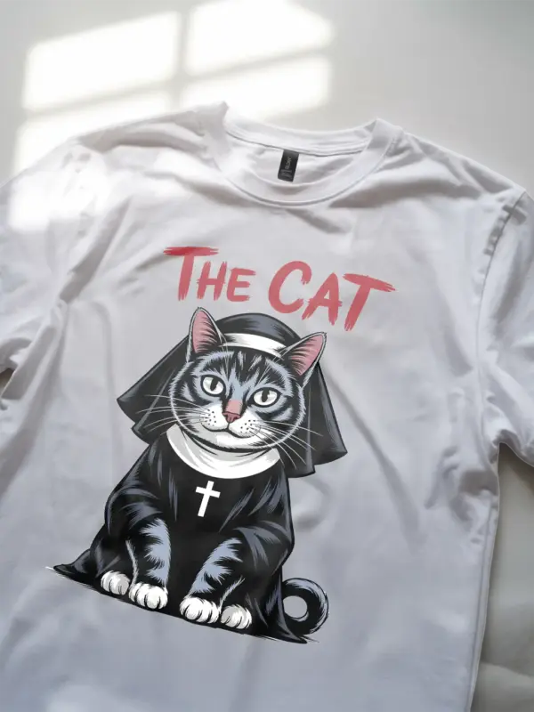 white lifestyle photo – funny dark cat design – gothic cat nun shirt