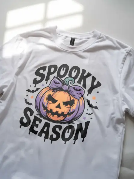 white spooky season pumpkin t-shirt with bats and stars