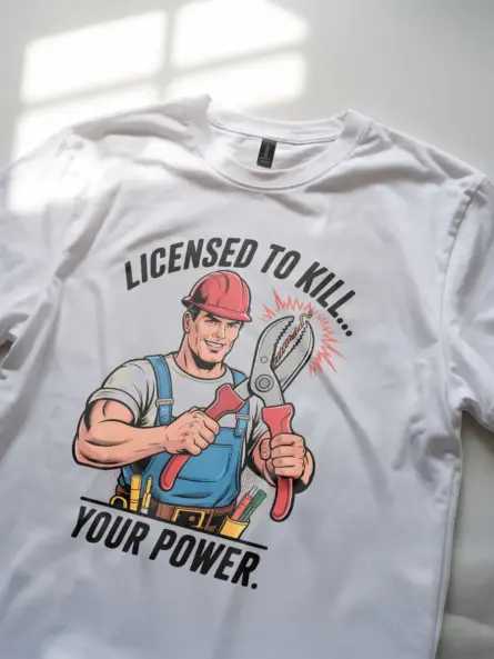 Licensed Electrician Pun T-Shirt – Comic Style “Licensed to Kill… Your Power - Image 11