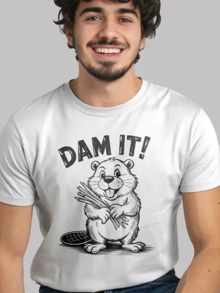 Lifestyle image wearing white dam it beaver t-shirt for pun lovers