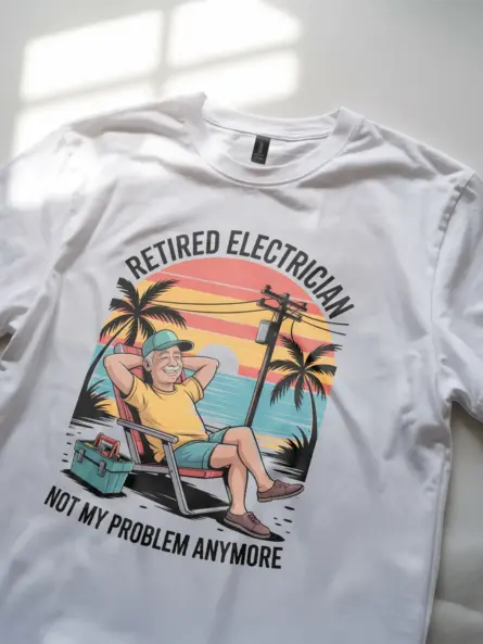 Retired Electrician T-Shirt – Not My Problem Anymore Funny Beach Sunset Design - Image 11