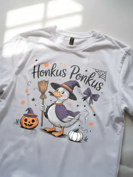 white honkus ponkus duck halloween t-shirt lifestyle image