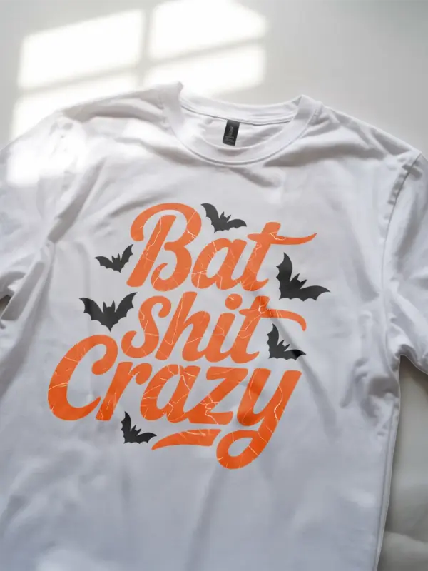 white Shirt Lifestyle Shot – Bat Shit Crazy – funny bat Halloween t-shirt