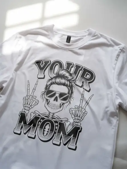 white lifestyle shot of rebellious mom in skeleton shirt