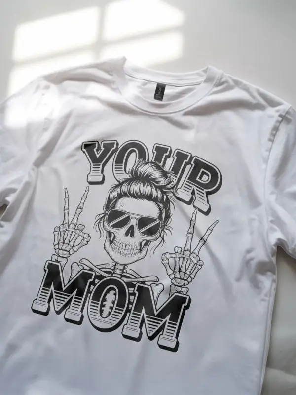 white lifestyle shot of rebellious mom in skeleton shirt
