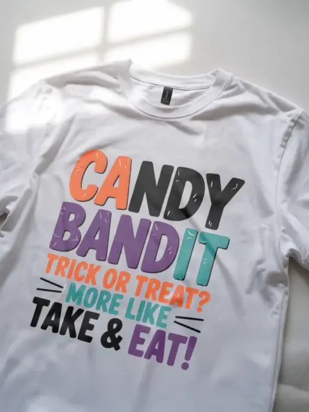 white Shirt Lifestyle Shot – Candy Bandit – candy bandit kids Halloween t-shirt